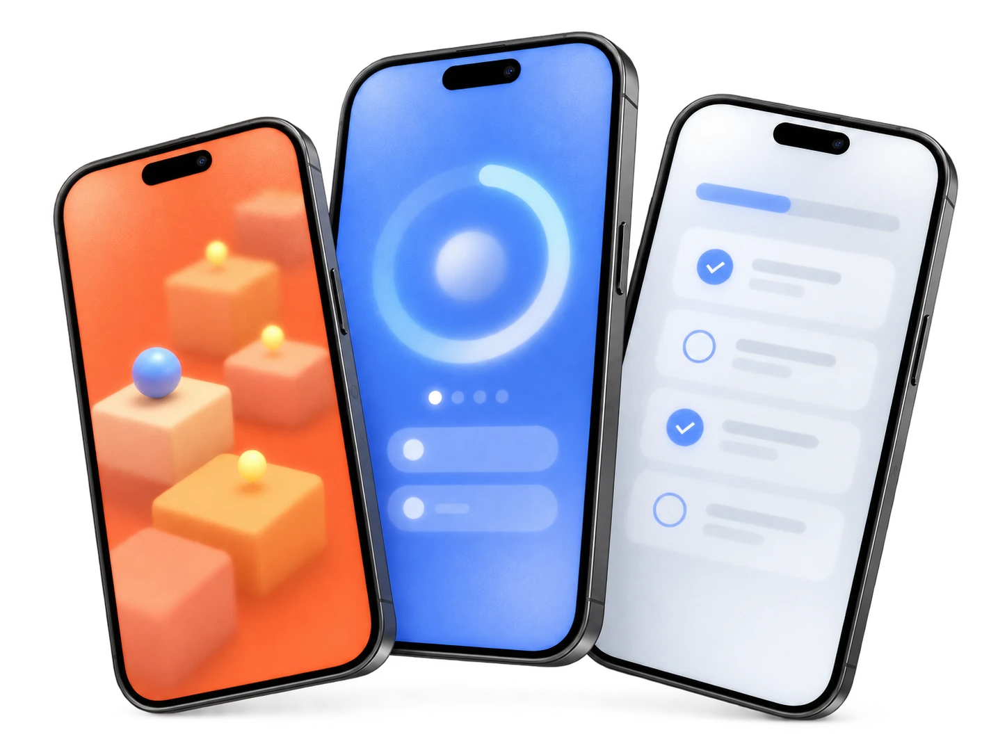 Drei Smartphones hinter Milchglas: eine orange Spielwelt, eine blaue Fokus-App und ein heller Organizer.